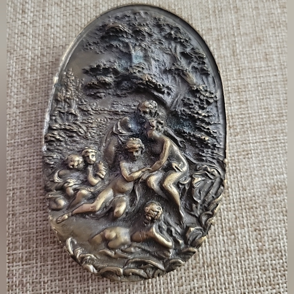 Vintage 1974 Bergamot Brass Works Belt Buckle Nudes In The Woods Art Nouveau